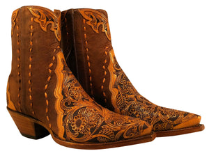 Hand Carved / Tooled w/ Distressed Kidd & Buck Stitched Handmade Ankle Boots