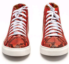 Load image into Gallery viewer, Ready To Wear Red Genuine Burmese Python &amp; Distressed Cow Hi Tops. Size 9.5D