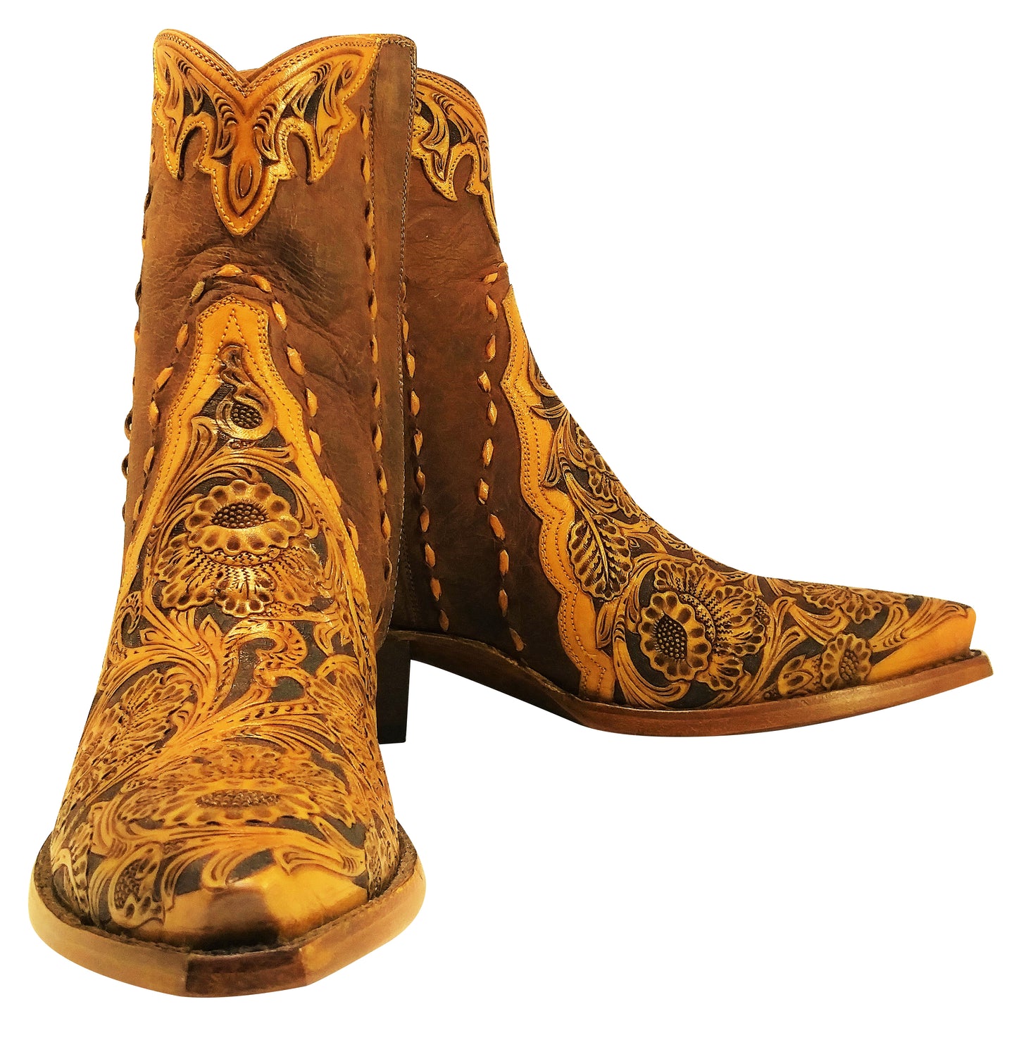 Hand Carved / Tooled w/ Distressed Kidd & Buck Stitched Handmade Ankle Boots