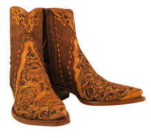 Load image into Gallery viewer, Hand Carved / Tooled w/ Distressed Kidd &amp; Buck Stitched Handmade Ankle Boots