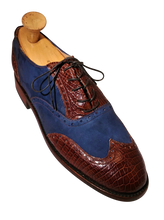 Load image into Gallery viewer, Genuine American Alligator Appointed Oxfords paired with Navy Horween Nubuck