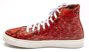 Ready To Wear Red Genuine Burmese Python & Distressed Cow Hi Tops. Size 9.5D