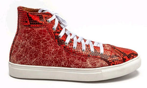 Ready To Wear Red Genuine Burmese Python & Distressed Cow Hi Tops. Size 9.5D