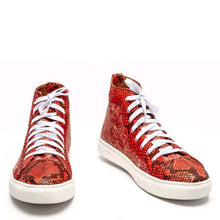 Load image into Gallery viewer, Ready To Wear Red Genuine Burmese Python &amp; Distressed Cow Hi Tops. Size 9.5D
