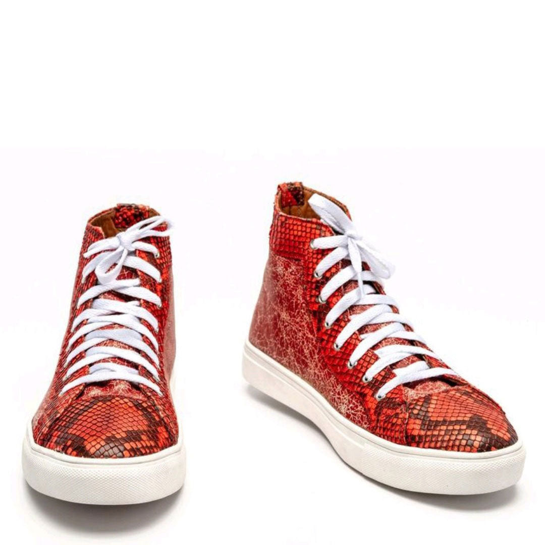 Ready To Wear Red Genuine Burmese Python & Distressed Cow Hi Tops. Size 9.5D