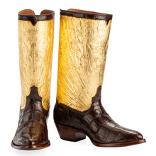 Load image into Gallery viewer, Genuine American Alligator with Hand Carved / Tooled 23.5K Gilt Tops Handmade Boots