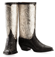 Load image into Gallery viewer, Genuine Teju Lizard w/ Hand Carved / Tooled Palladium gilt Handmade Boots