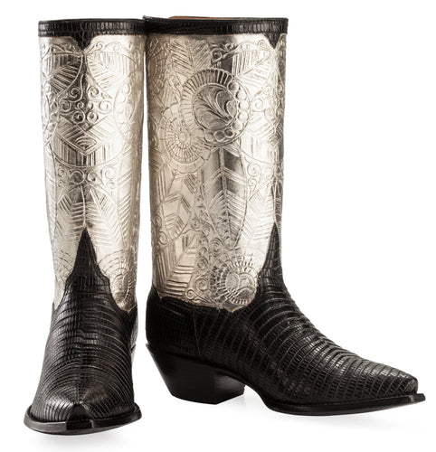 Genuine Teju Lizard w/ Hand Carved / Tooled Palladium gilt Handmade Boots